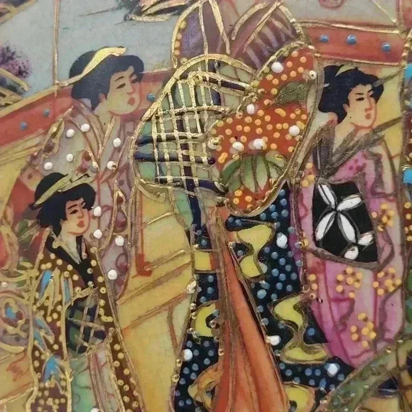 COPY - Beautiful Large Porcelain Satsuma Stamped Egg, Wooden stand Geisha Gilt … - Picture 7 of 14